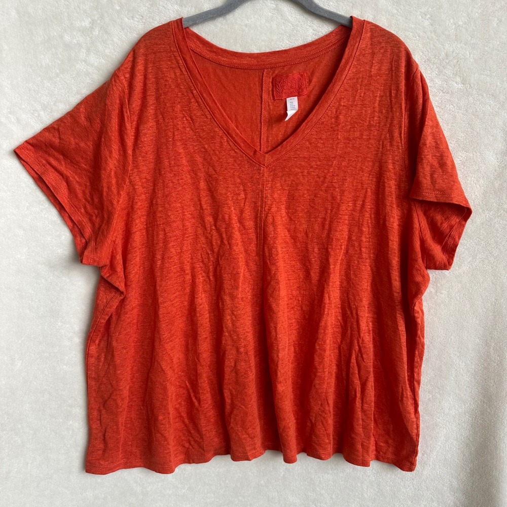 Sigrid Olsen 100% Linen V-Neck Tee Orange Short Sleeve Plus Size 2X Excellent
